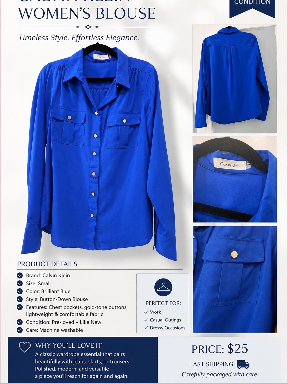 Calvin Klein Brilliant Blue Button-Down Blouse - Women's